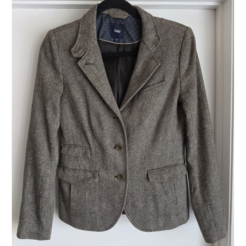 Gap Women's Wool Blend Blazer Size 2 Herringbone Brown Classic Jacket Coat